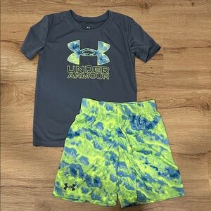 Under Armour Charcoal Shirt and Neon Tie-Dye Shorts